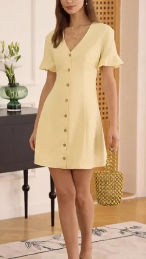 RIHOAS The Yellow V Neck Ruffle Button-up Mini Dress L 11 thumbnail 1