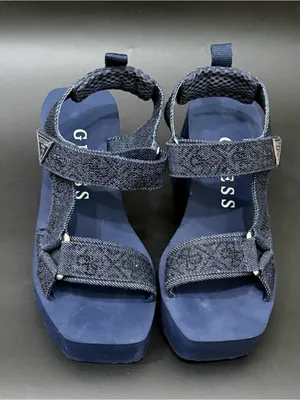 GUESS Dawsin Denim Rhinestone Embellished Straps EVA Soles Wedge Sandals Size 6 thumbnail 4