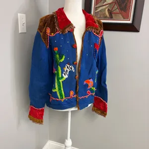Vintage Western Cactus Cowboy Boot Embroidered Cardigan Blue Chenille Fringe L thumbnail 2