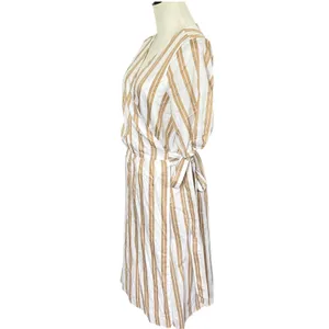 Ann Taylor Striped Midi Wrap Dress Sz M White Brown Puff Sleeves Coastal Chic thumbnail 5