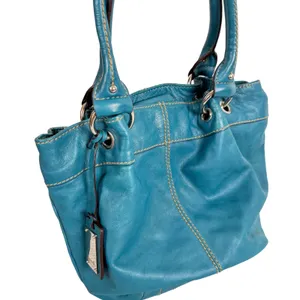 Tignanello Teal Blue Leather Tote Bag Satchel Striped Satin Lining Boho Slouchy thumbnail 2
