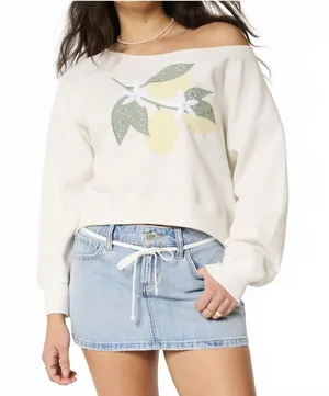 Hollister Wide Off-the-Shoulder Lemon Plant Graphic Crew Sweatshirt NWT Cream S thumbnail 1