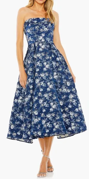 NEW MAC DUGGAL floral strapless brocade midi dress blue multi sz 8 thumbnail 1