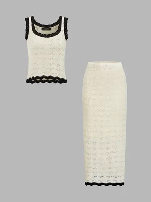 Commense Crochet Knit Crop Top Midi Skirt Set White Black Small NWT thumbnail 2