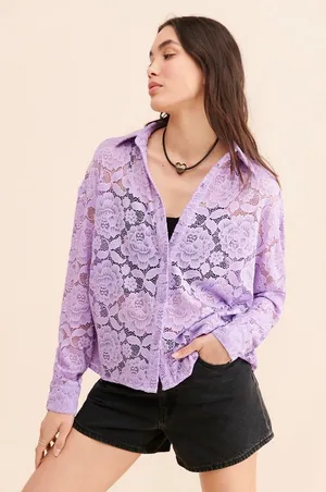 Anthropologie Hutch Lavender Sheer Floral Lace Buttondown Shirt Size Small thumbnail 1