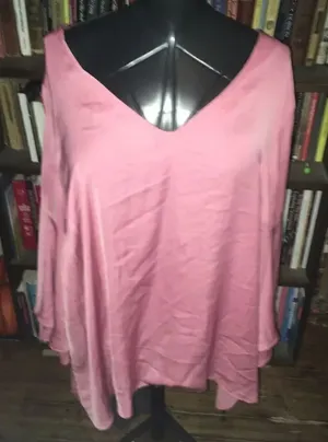 Lane Bryant silky pink v-neck flowy bell sleeve blouse thumbnail 1