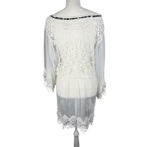 White Sheer Lace Tunic Womens M Mesh Crochet Bell Sleeve Fairycore thumbnail 7