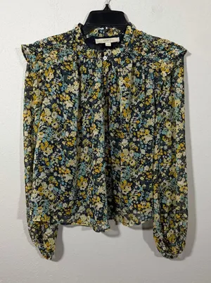 Loft Blue Yellow Floral Smocked High Neck Ruffled Long Sleeve Blouse Womens XS thumbnail 1