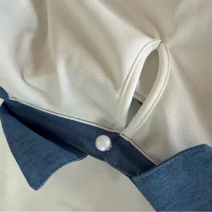 NEW Women's White with Blue Denim Style Trim Peter Pan Collar Size L #260464 thumbnail 5