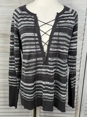 CHASER Women's Lightweight Lace Up 100% Linen Sweater Black/White Stripe-Medium thumbnail 1