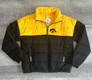 PINK Victorias Secret Iowa Hawkeyes Puffer Jacket NEW Womens M Black Yellow NCAA thumbnail 1