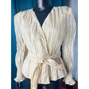 NBD Womens Cream Crinkle Wrap‎ Tie Waist Long Sleeve Blouse Top Size S thumbnail 2