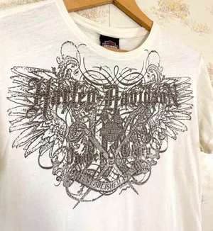 Y2K Harley-Davidson Cream White Studded Wing Embellished Biker Motorcycle Tee L thumbnail 1