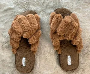 Women's Fuzzy Double Strap Slide Slippers Brown Open Casual Sketchers - Size 9 thumbnail 1