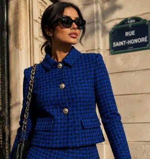 Zara Royal Blue & Black Houndstooth Collared Cropped Jacket w/ Gold Buttons thumbnail 1