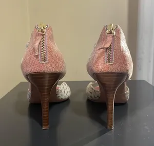 Anthropologie Miss Albright Pink White Multi Floral Peep Toe Back Zip Heels $140 EUC 7.5 thumbnail 5