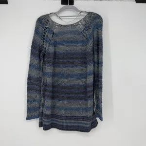 Free People Striped Knit Pullover Sweater Long Sleeve Blue Grey M Slouchy Boho‎ thumbnail 2