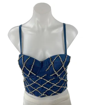 Women's Blue Rhinestone Bustier Corset Sleeveless Denim Jean Crop Top Size 6 thumbnail 1