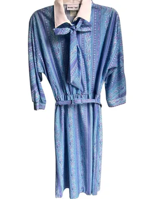 Vintage 80s blue paisley belted dress Size 10 thumbnail 3