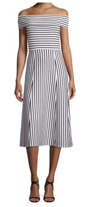 Derek Lam off shoulder knit striped dress midi M white black thumbnail 1