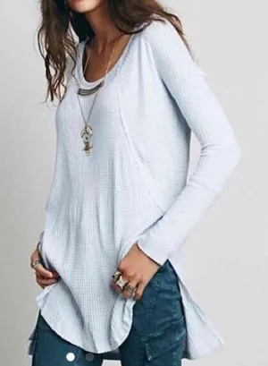 Free People Sz XS Ventura Thermal Top Waffle Knit‎ Long Sleeve Sky Blue High Low thumbnail 1