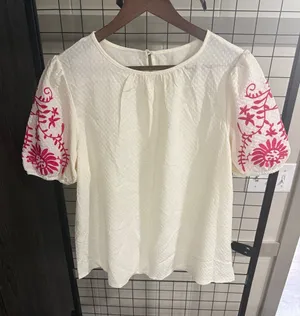 Women's White Blouse with Pink Embroidered Puff Sleeves thumbnail 1