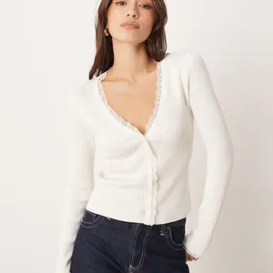Abercrombie & Fitch lace panel detail ribbed cardigan in cream thumbnail 2
