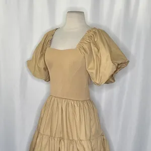 NWT! ENDLESS ROSE Mix Media Mini Dress Latte Brown Puff Sleeves Corset Bodice XS thumbnail 5
