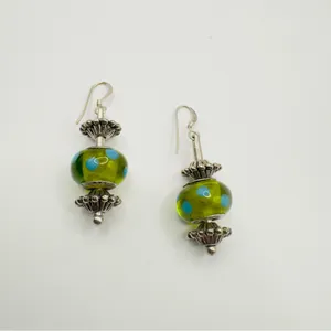Lampwork Green Polka Dot Glass Dangle Earrings Silver Tone thumbnail 6