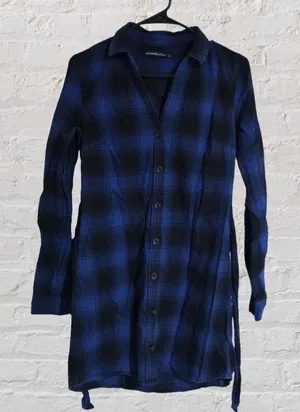 Women's Abercrombie & Fitch Blue Plaid Tie Front Flannel Shirt Dress Size Small thumbnail 1