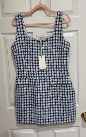 Tweed Sequined Mini Dress Blue White Check Womens L‎ thumbnail 1