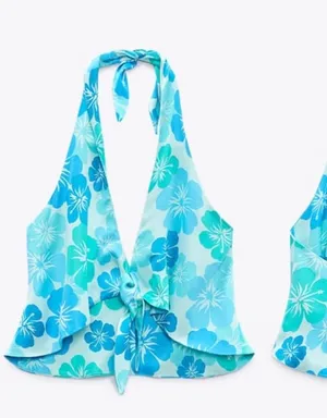 Zara Floral PRINT SATIN EFFECT Halter Cropped Top w/Ties @ Neck & Front Blue New thumbnail 1