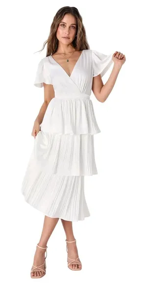 Lulus Twirl-wind Romance White Satin Tiered Midi Dress size Medium NWT thumbnail 1