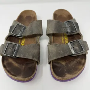 Birkenstock Arizona Leather Sandals Womens 38 Gray Purple Outdoor Gorpcore Birks thumbnail 2