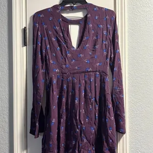 Free People Mini Dress Size 0 Purple Floral Long Sleeve‎ Choker Neck Pleated thumbnail 6