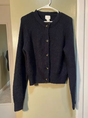 H&M Women's Size Large Rib-Knit Cardigan Sweater Navy Blue Crewneck Stretch Wool thumbnail 2