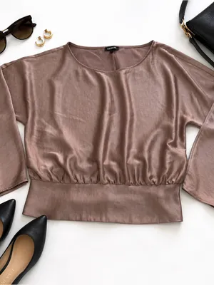 Express Satin Blouse Womens L Dusty Rose Dolman Sleeve Smocked Waist Party Top thumbnail 3