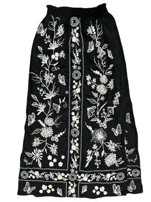 Johnny Was Women’s Size S Black White Embroidered Domingo High Slit Linen Skirt thumbnail 5