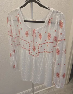 ​Solitaire Embroidered Large Coral & White Boho Swiss Dot Peasant Tie Neck Top thumbnail 1