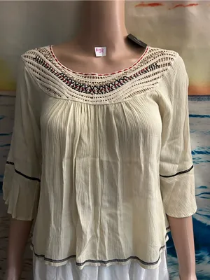 Intu Boho Crochet Yoke Cream Women's Blouse Top SM NWT thumbnail 1