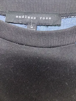 Endless Rose Crew Neck Sweatshirt Blue Denim Shoulder Panels Black Cotton Body thumbnail 6