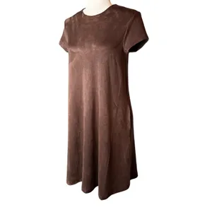 J McLaughlin Dress XS Brown Faux‎ Suede Swing Short Sleeve Pockets Minimalist thumbnail 4