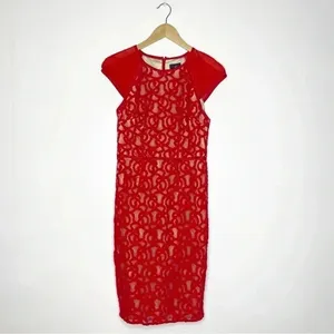 Adrianna Papell Dress Women's Cap Sleeve Red Tonal Piped Lace Knee Length Size 8 thumbnail 3