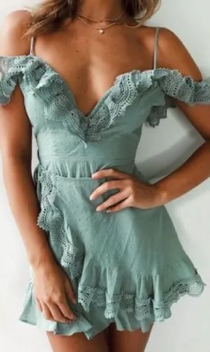 Selfie Leslie x Angel Biba Seafoam Blue Ruffle Cold-Shoulder Romper – Size Small thumbnail 1