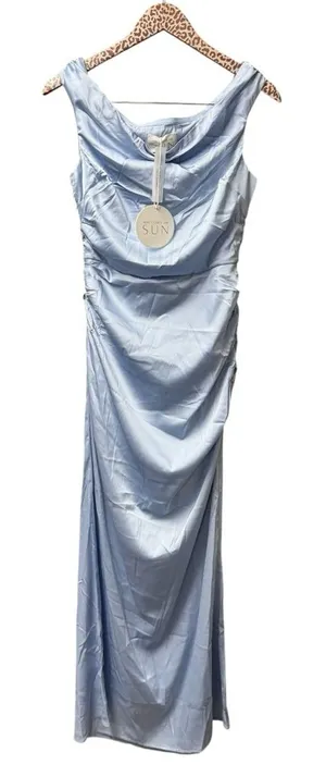 NEW Here Comes the Sun In Blooms Off Shoulder Satin Maxi Dress Blue Large NWT thumbnail 1