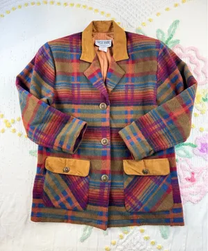 Eagle River Traders Multi Color Plaid Wool Blend Blazer Jacket Suede Trim BR 500 thumbnail 1