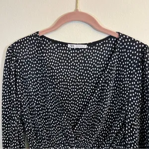 Zara Pleated Surplice V Neck Faux Wrap Blouse Top Polka Dots Long Sleeves Medium thumbnail 4