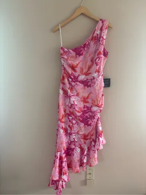 Lulus Divinely Blooming Pink Multi Floral One-Shoulder Midi Dress Size Large NWT thumbnail 4