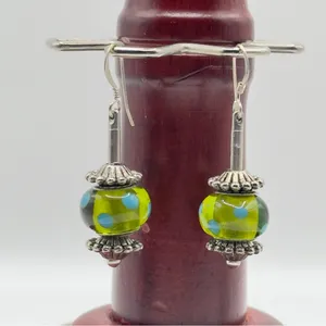 Lampwork Green Polka Dot Glass Dangle Earrings Silver Tone thumbnail 4