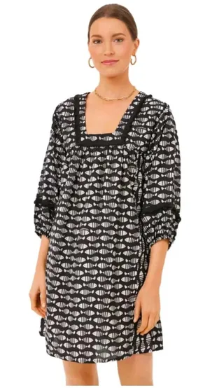 Tuckernuck‎ Piscis Catalans Fish Print Coverup Tunic Dress XS Black White Fringe thumbnail 1